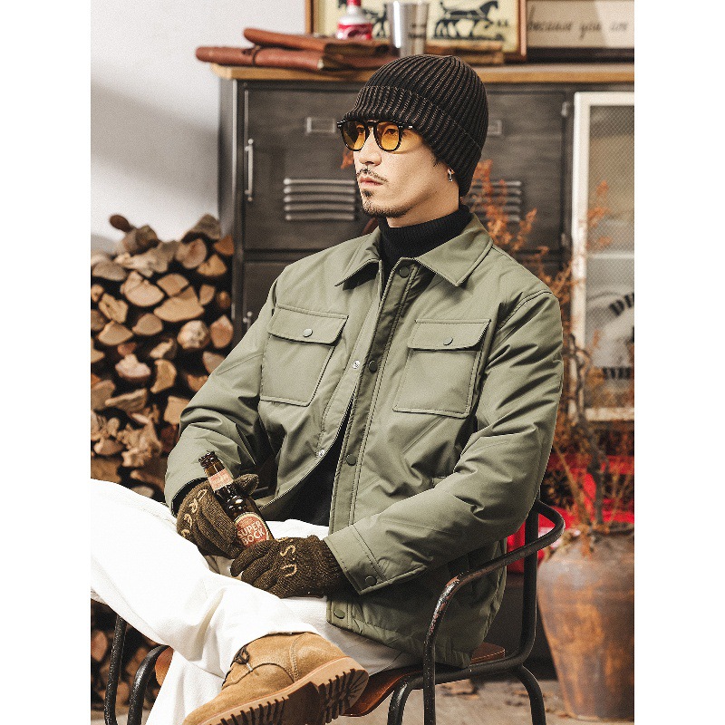 美式復古90白鴨絨輕薄羽絨服男冬季新款潮牌壓花羽絨襯衫夾克外套