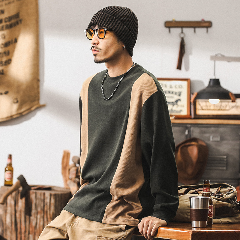 美式重磅復古長袖T恤男秋季寬鬆2024新款潮牌拼接設計休閒男上衣