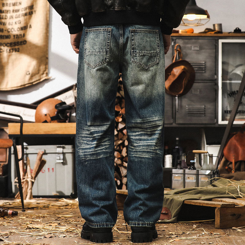 美式重磅復古牛仔褲男秋季寬鬆直筒立體貓鬚2024新款垂感休閒褲男