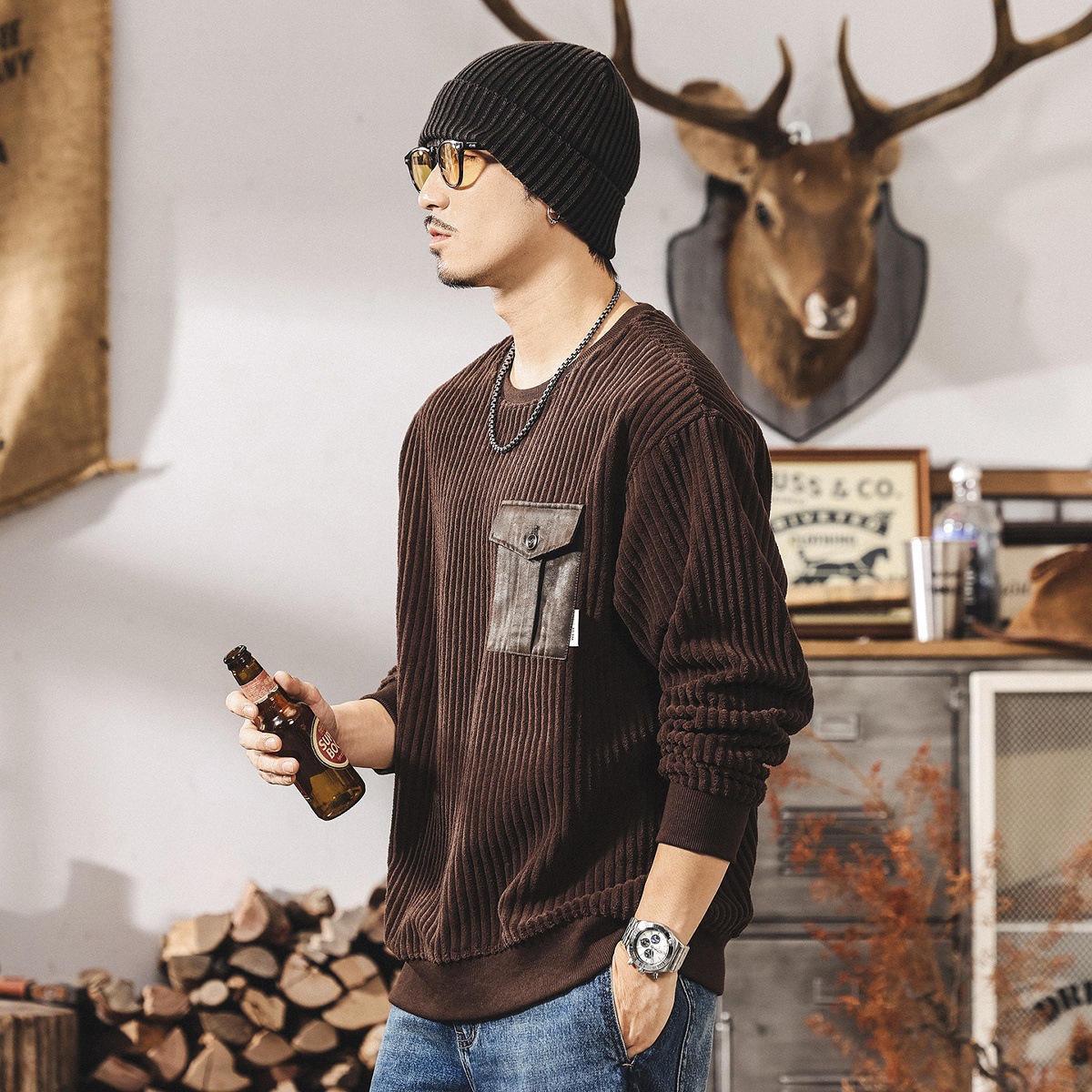 美式復古重磅燈芯絨男士衛衣春秋新款潮流條絨寬鬆大碼男裝秋上衣