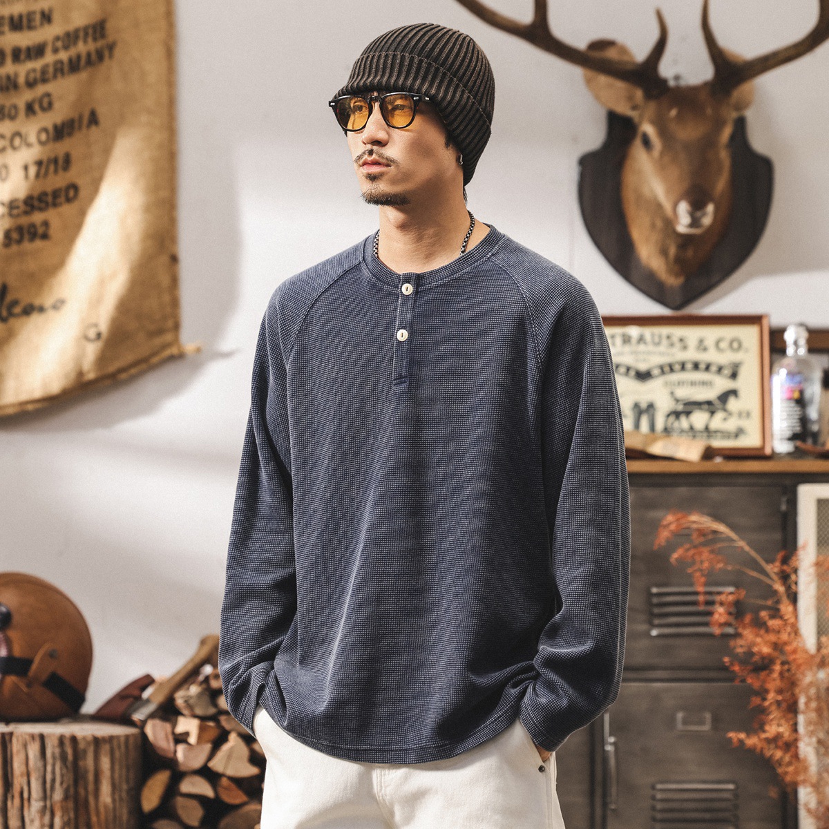 美式復古靛藍水洗長袖t恤男秋季新款300g重磅華夫格衛衣男士上衣T