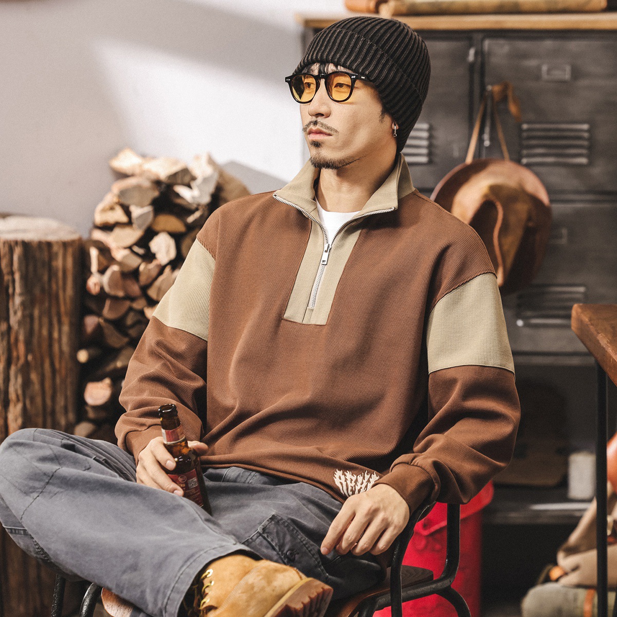 美式復古半拉鍊重磅衛衣男春秋2025新款撞色拼接寬鬆休閒上衣男潮