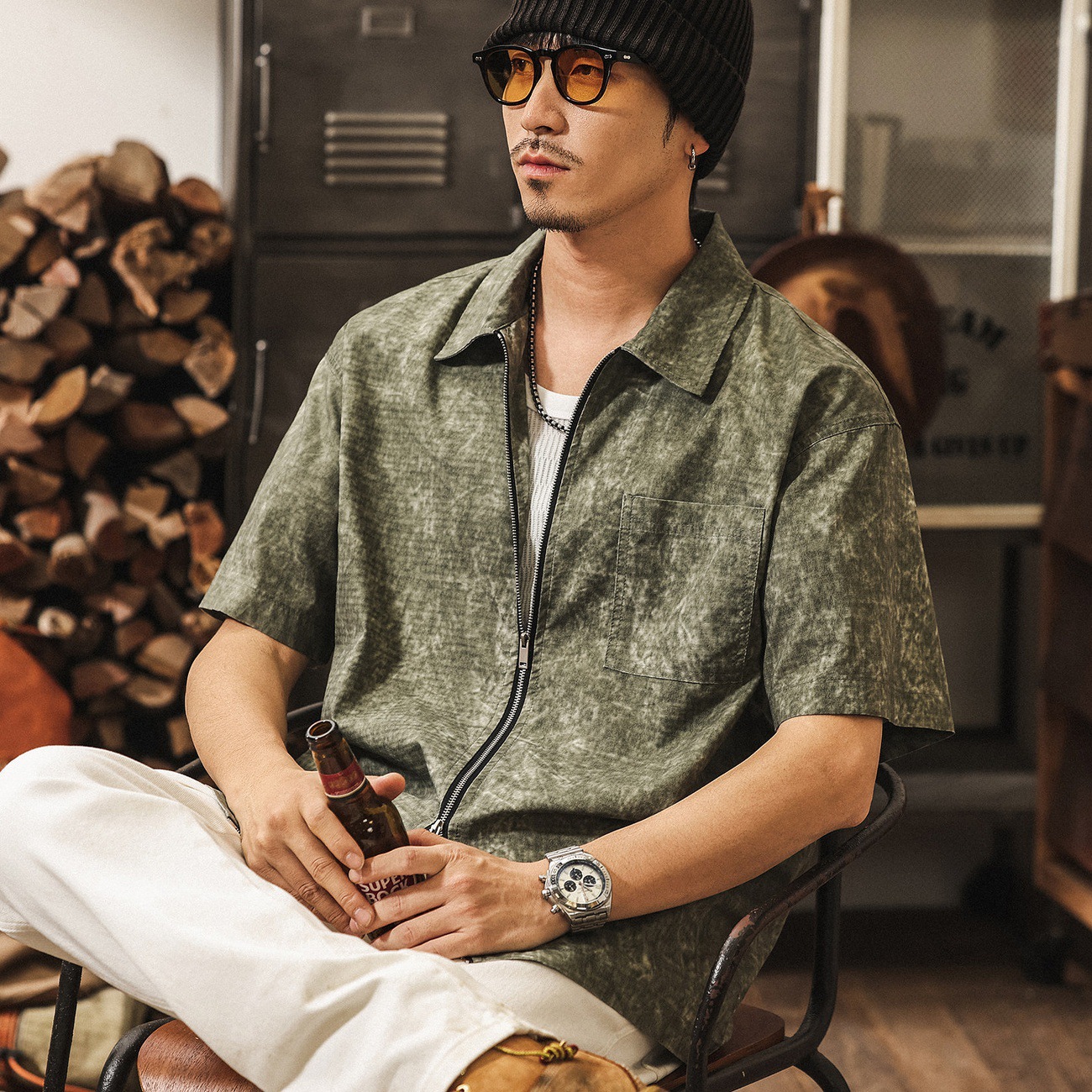 美式復古做舊扎染短袖襯衫男夏季2026新款潮流外套痞帥寬鬆襯衣男