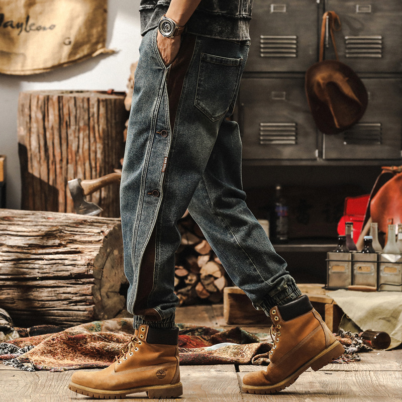 美式復古工裝褲子男秋季做舊寬鬆直筒牛仔褲男潮牌束腳排扣休閒褲