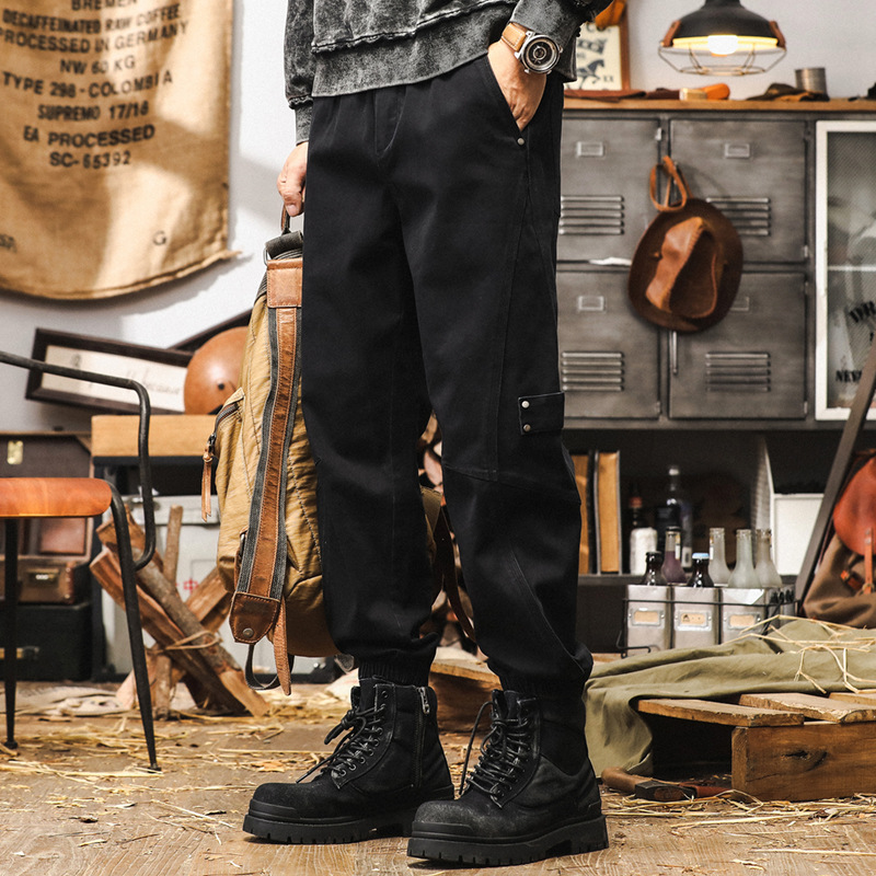 美式復古工裝褲男秋季2024新款潮牌休閒束腳長褲寬鬆水洗黑色褲子