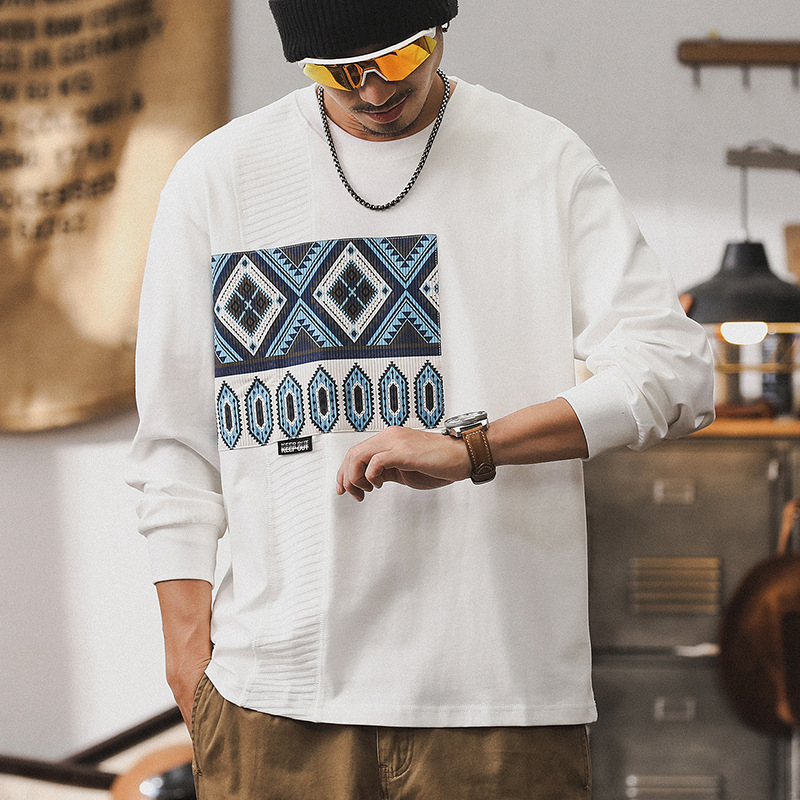 美式潮牌重磅拼接長袖t恤男寬松設計感白色上衣男士秋季衣服
