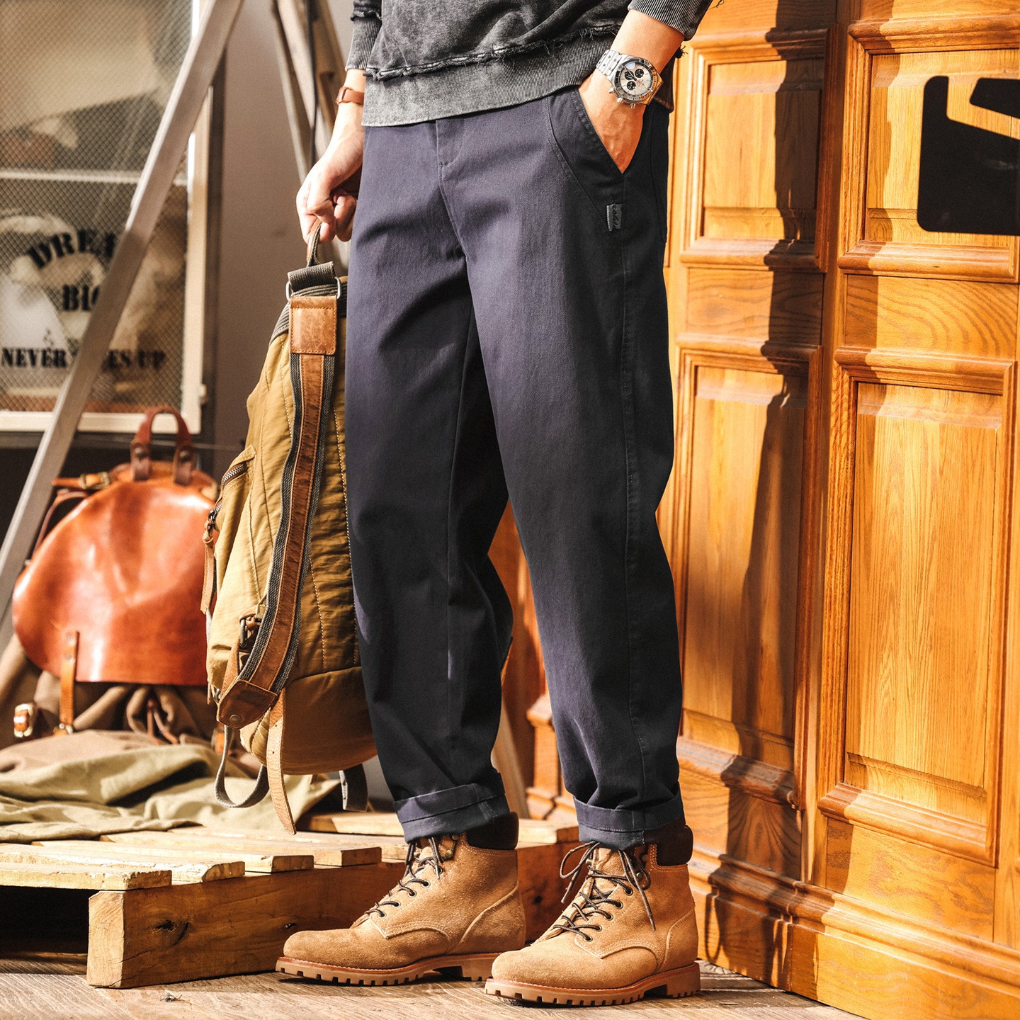 美式復古灰色工裝褲子男2025新款簡約百搭男士休閒褲寬鬆直筒長褲