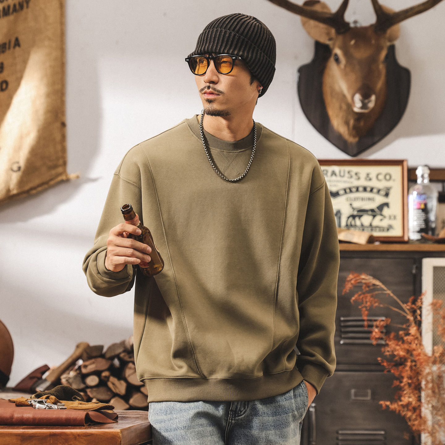 美式復古380g重磅圓領衛衣男春秋新款簡約拼接寬鬆休閒早秋上衣男