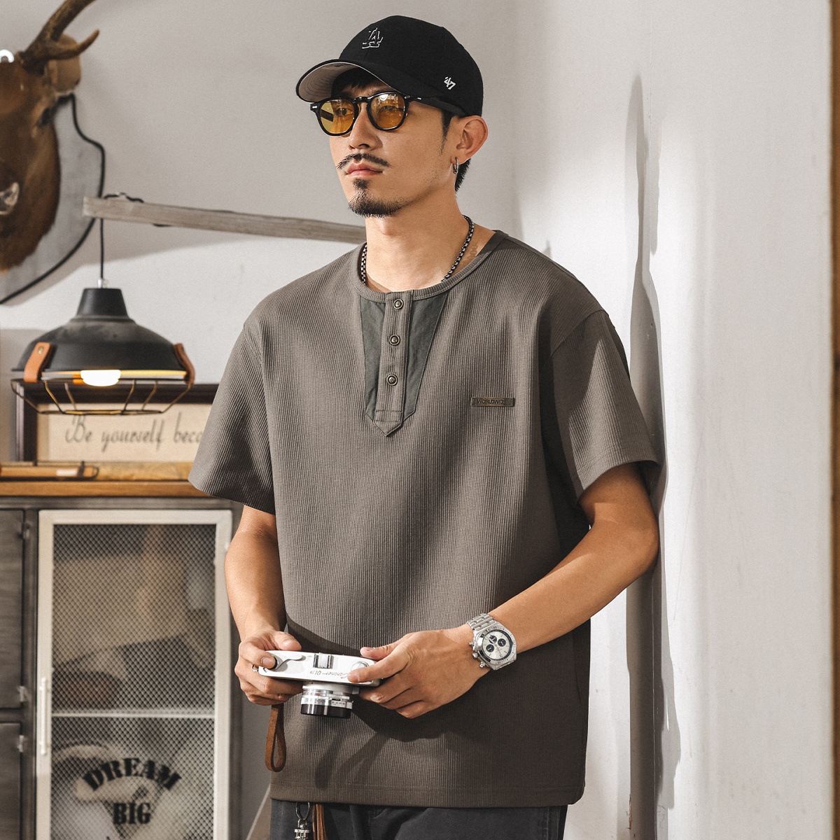 高級感肌理亨利領短袖T恤男士2025新款寬鬆美式復古夏季polo衫男