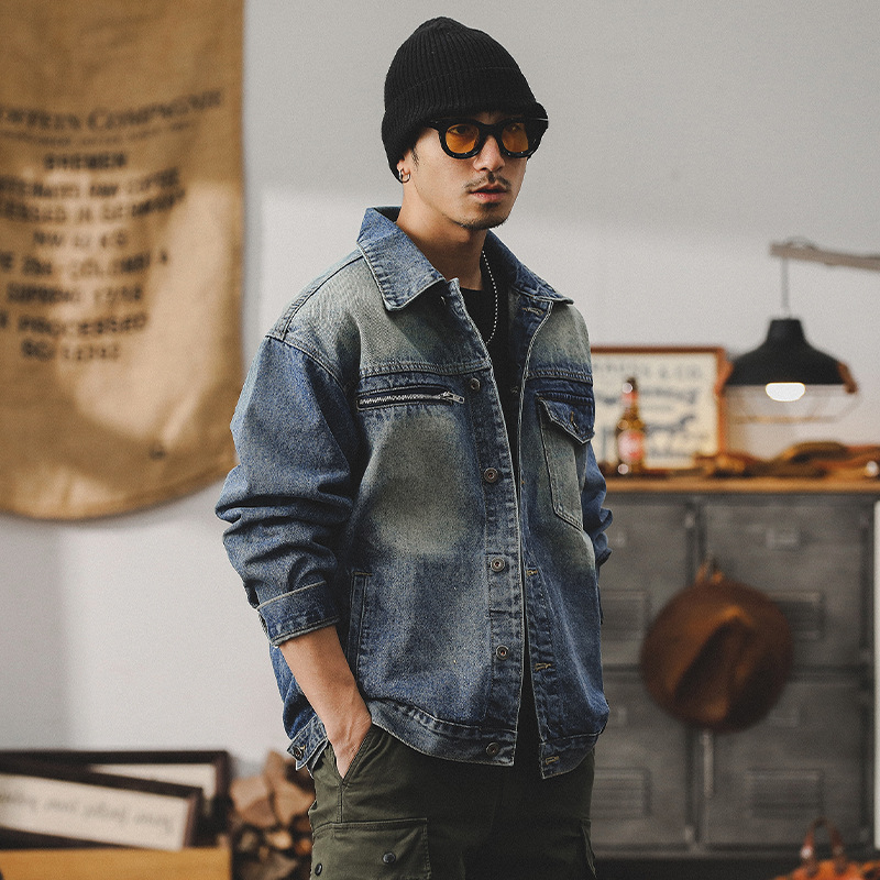 美式經典工裝夾克男春秋2024新款痞帥做舊磨白納米水洗牛仔外套男