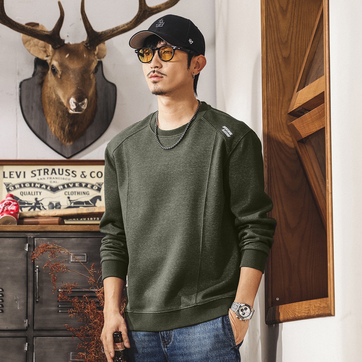 美式復古紫色衛衣男春秋2025新款拼接潮流長袖t恤男寬鬆秋季上衣