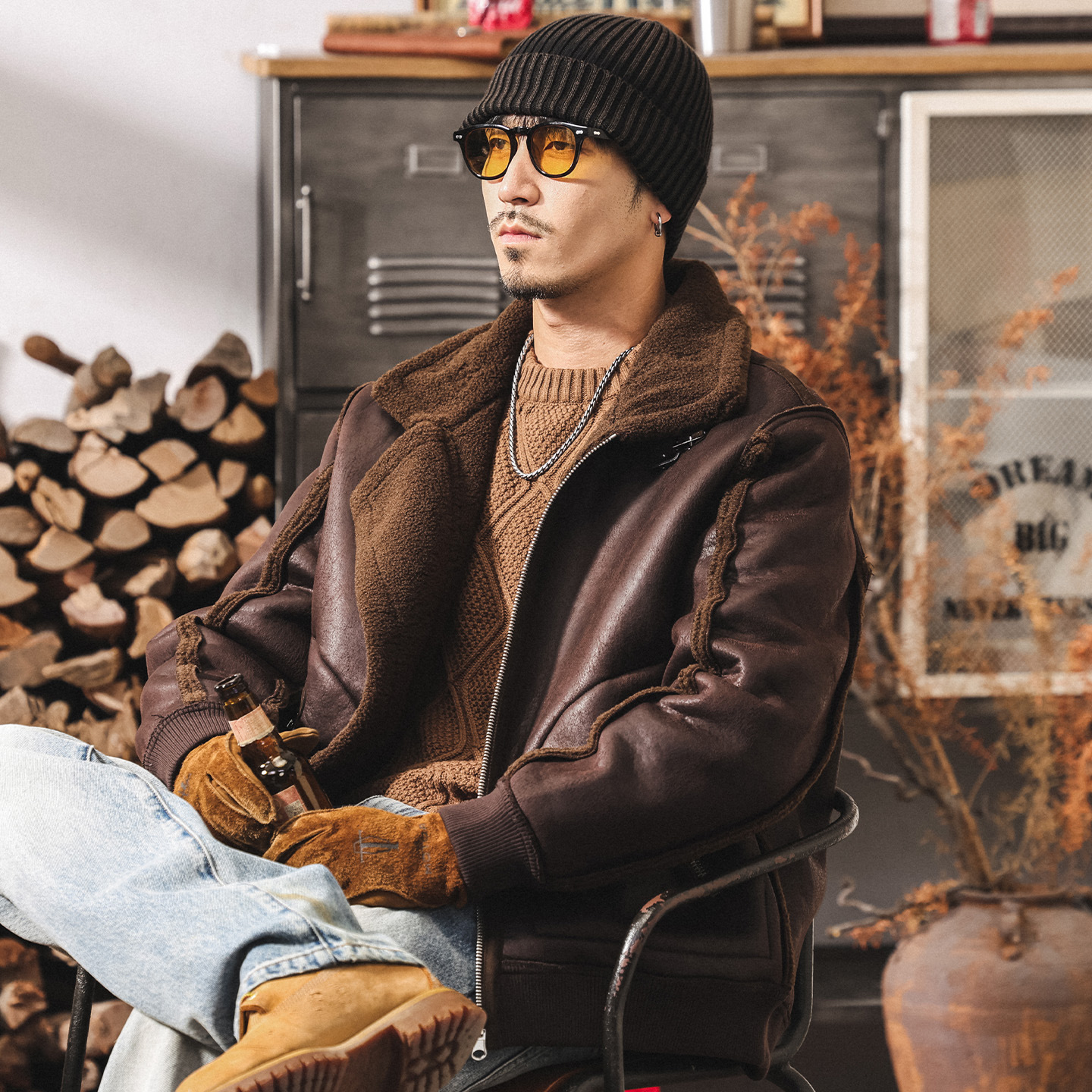 雙面穿皮毛一體羊羔絨棉服男士棉襖冬季加厚保暖潮牌機車皮衣外套