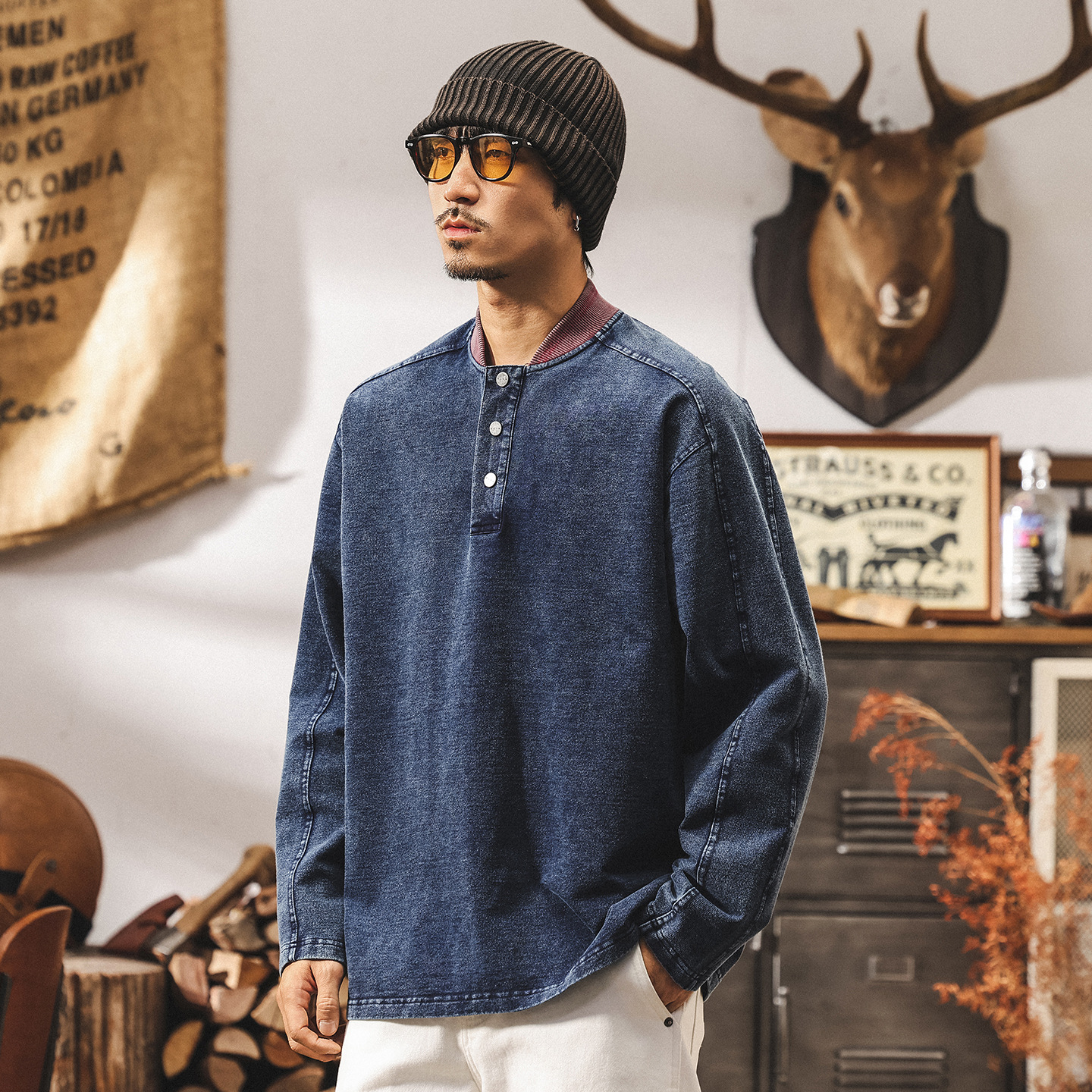 美式復古亨利領320g重磅T恤男春秋新款棒球領衛衣靛藍牛仔外套男