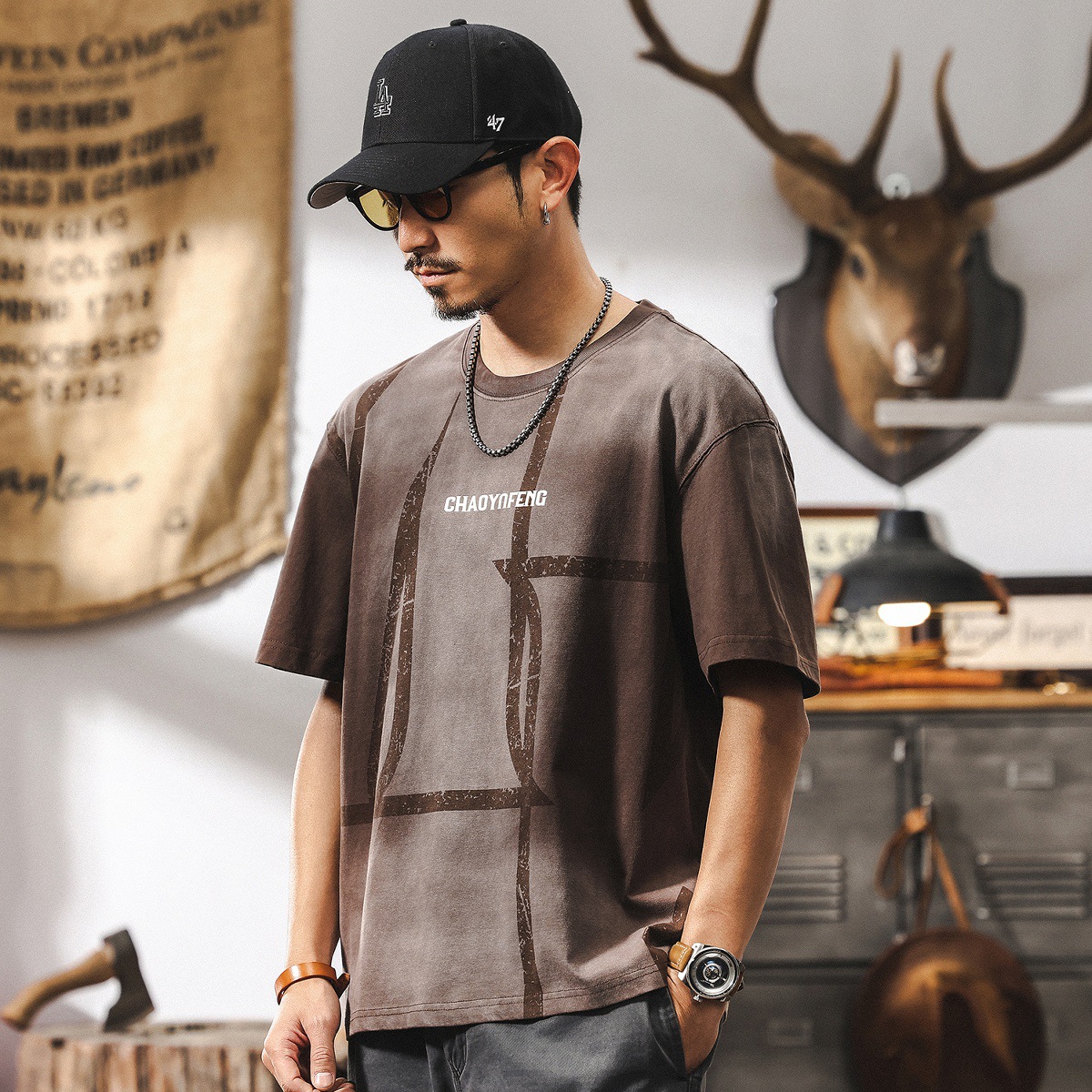 260g重磅酵素做舊短袖T恤男夏季2025新款潮牌龜裂印花上衣男