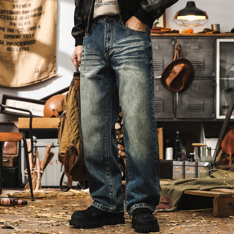 美式重磅復古牛仔褲男秋季寬鬆直筒立體貓鬚2024新款垂感休閒褲男
