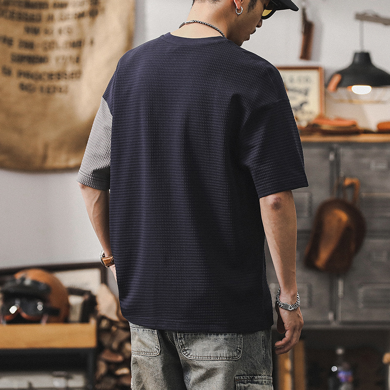 美式華夫格短袖T恤男拼接撞色設計款男士體恤夏季寬鬆大碼上衣男