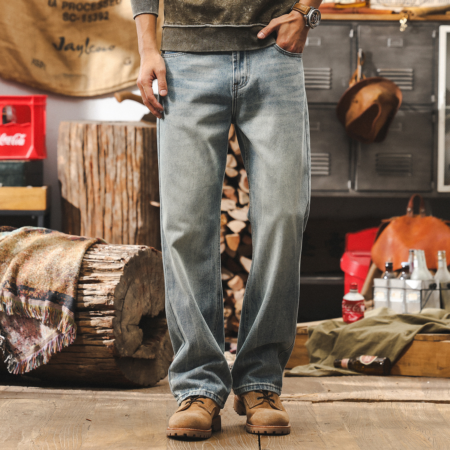 美式復古冰川藍微喇牛仔褲男寬鬆直筒2025年新款淺色休閒男士褲子