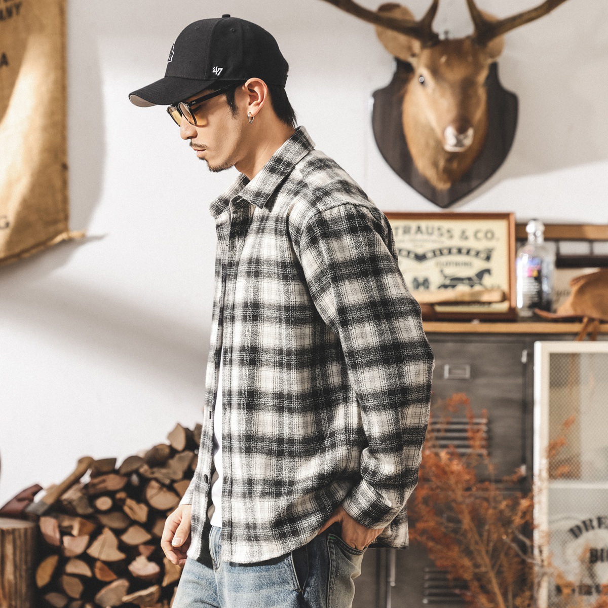 美式復古經典黑白格子襯衫男長袖春秋潮牌新款寬鬆休閒襯衣外套男