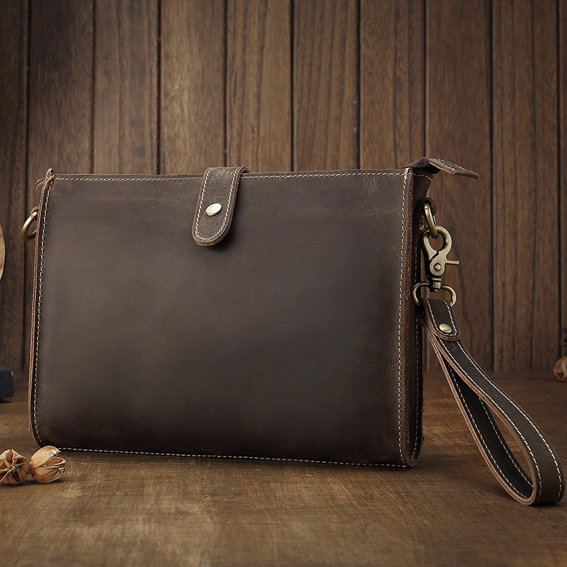 IFashion原創手工瘋馬皮簡約信封包真皮男士手拿包牛皮單肩斜跨包