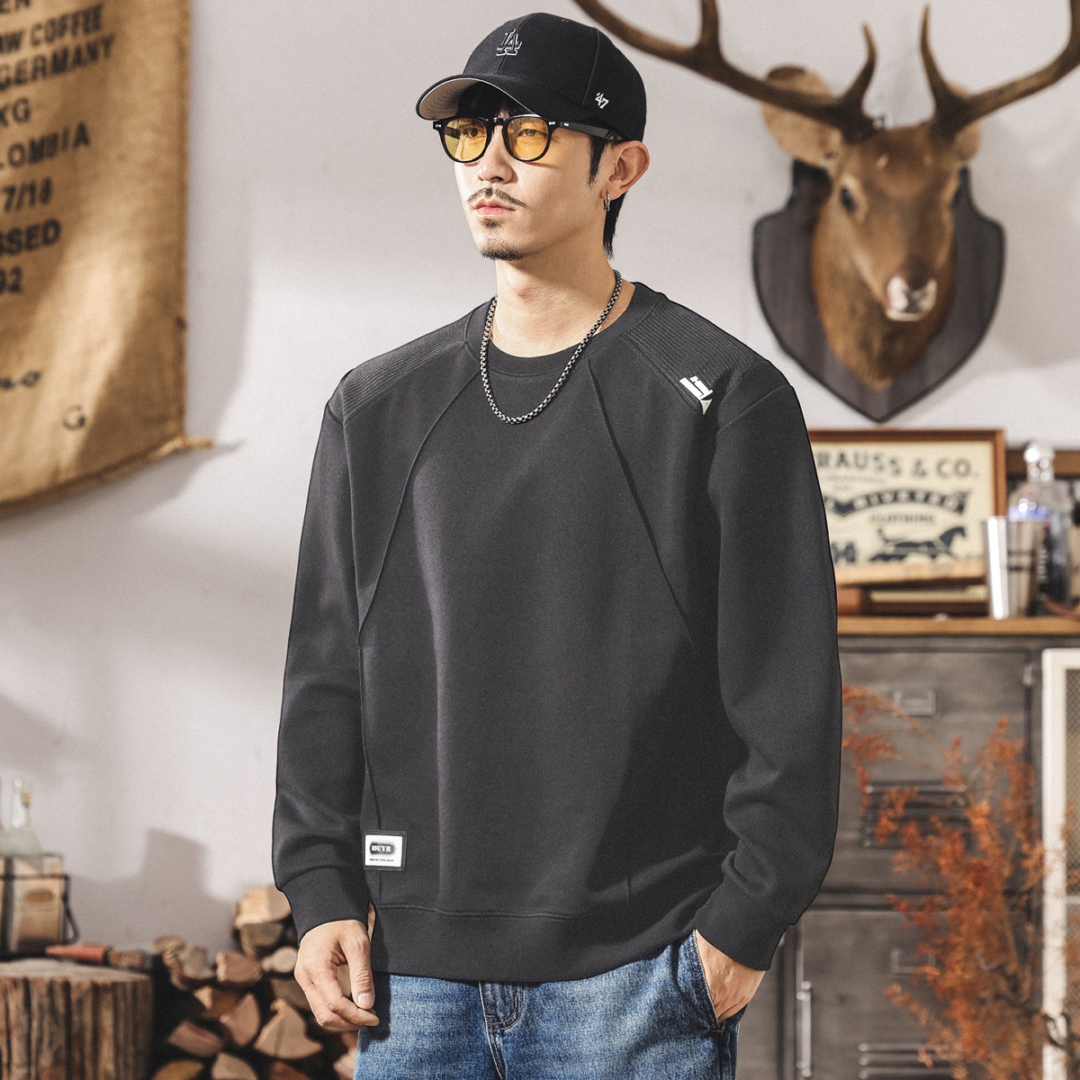 美式復古重磅男士秋季衛衣2025新款春秋潮牌拼接潮流寬鬆長袖t恤