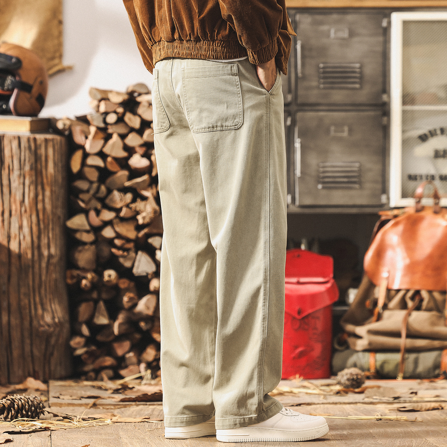 萊賽爾天絲卡其色工裝褲子男秋季新款美式復古潮牌寬鬆男士休閒褲