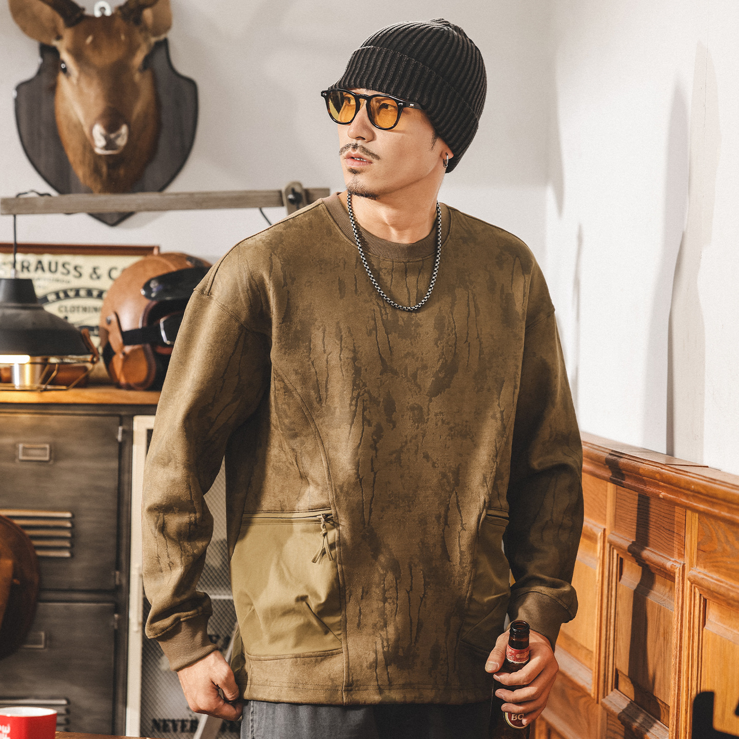 美式復古絨感360g重磅衛衣男秋冬款麂皮絨高級感潮牌寬鬆休閒上衣