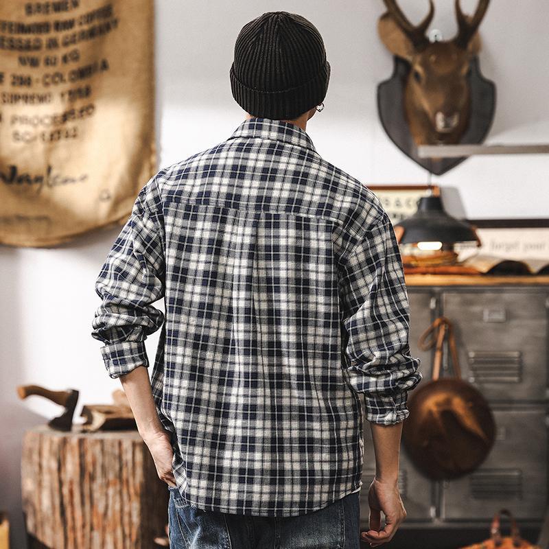 美式復古棉麻格紋長袖襯衫男春季2025新款潮牌日系寬鬆休閒襯衣男