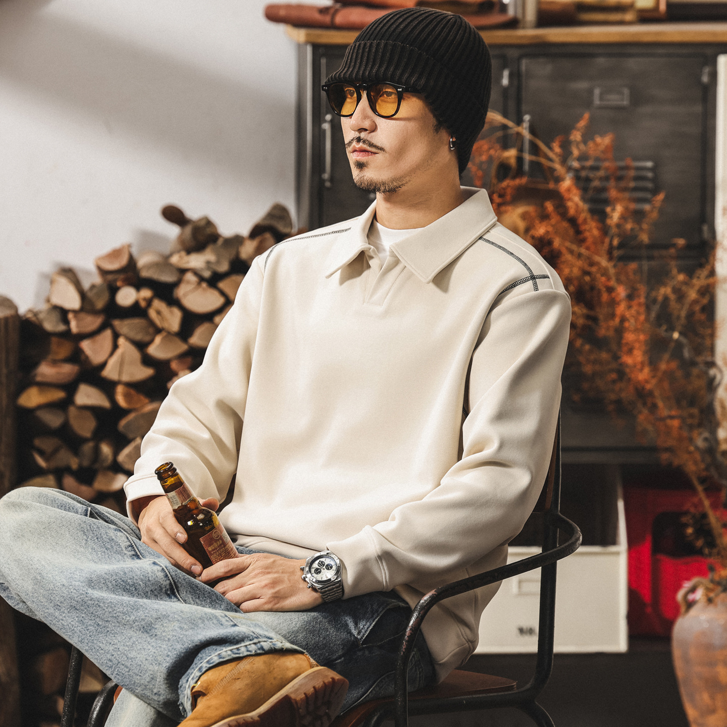 美式復古400g重磅加絨Polo衫男士衛衣冬季加厚潮流寬鬆保暖上衣男