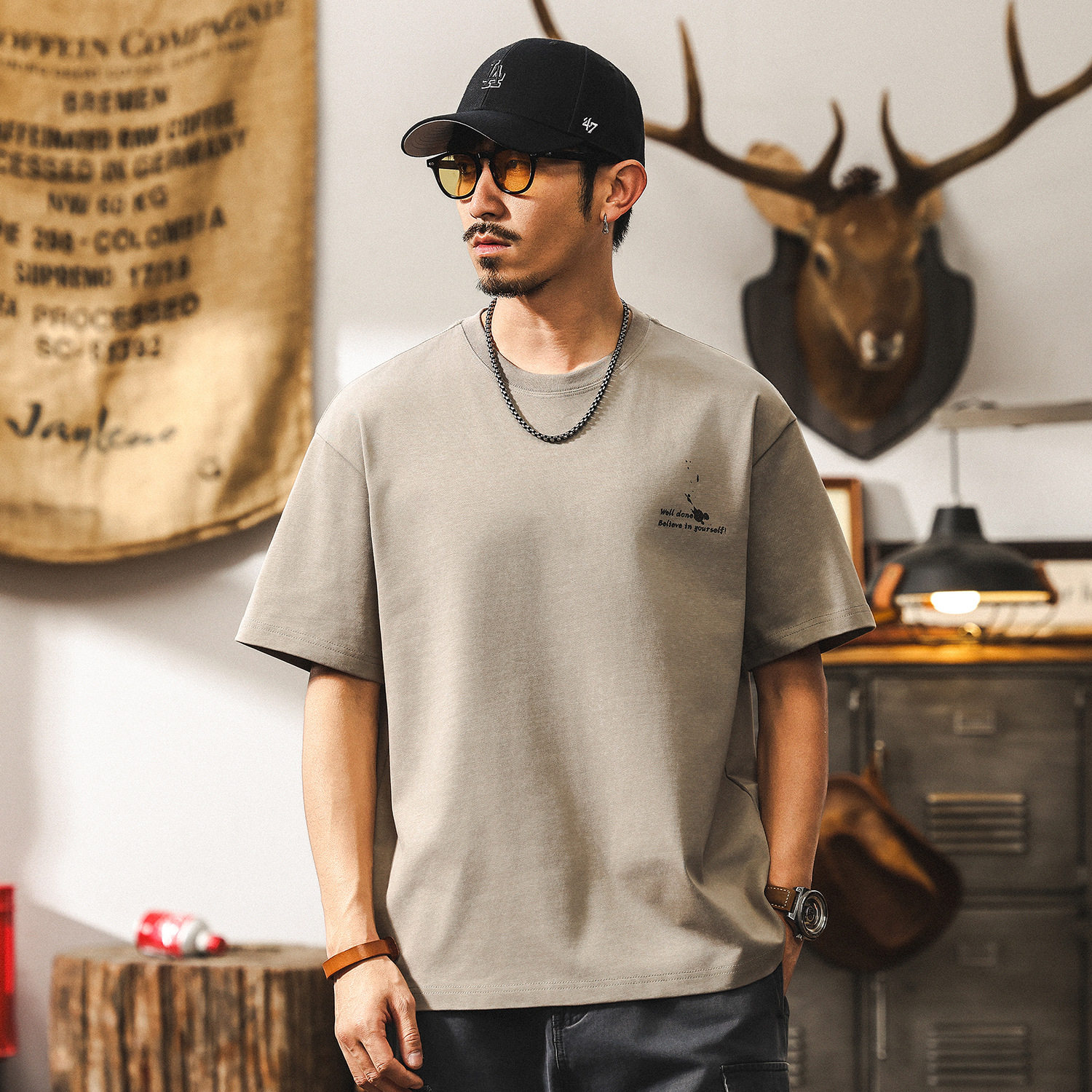 美式復古蠟染300g重磅T恤男短袖夏季2025新款寬鬆雙紗上衣男