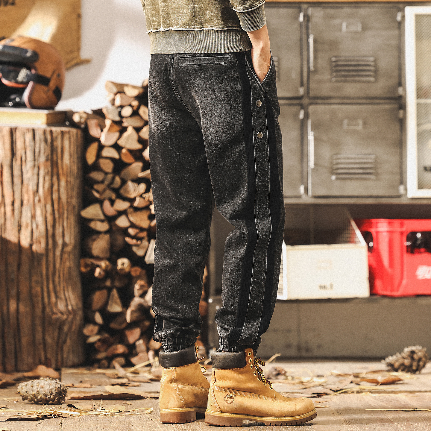 美式復古做舊水洗黑色牛仔褲男秋季2025新款潮牌束腳工裝休閒褲子