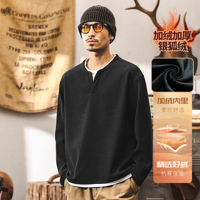 【假兩件】美式復古重磅歐棉絨長袖T恤男秋季2025新款硬漢亨利衫