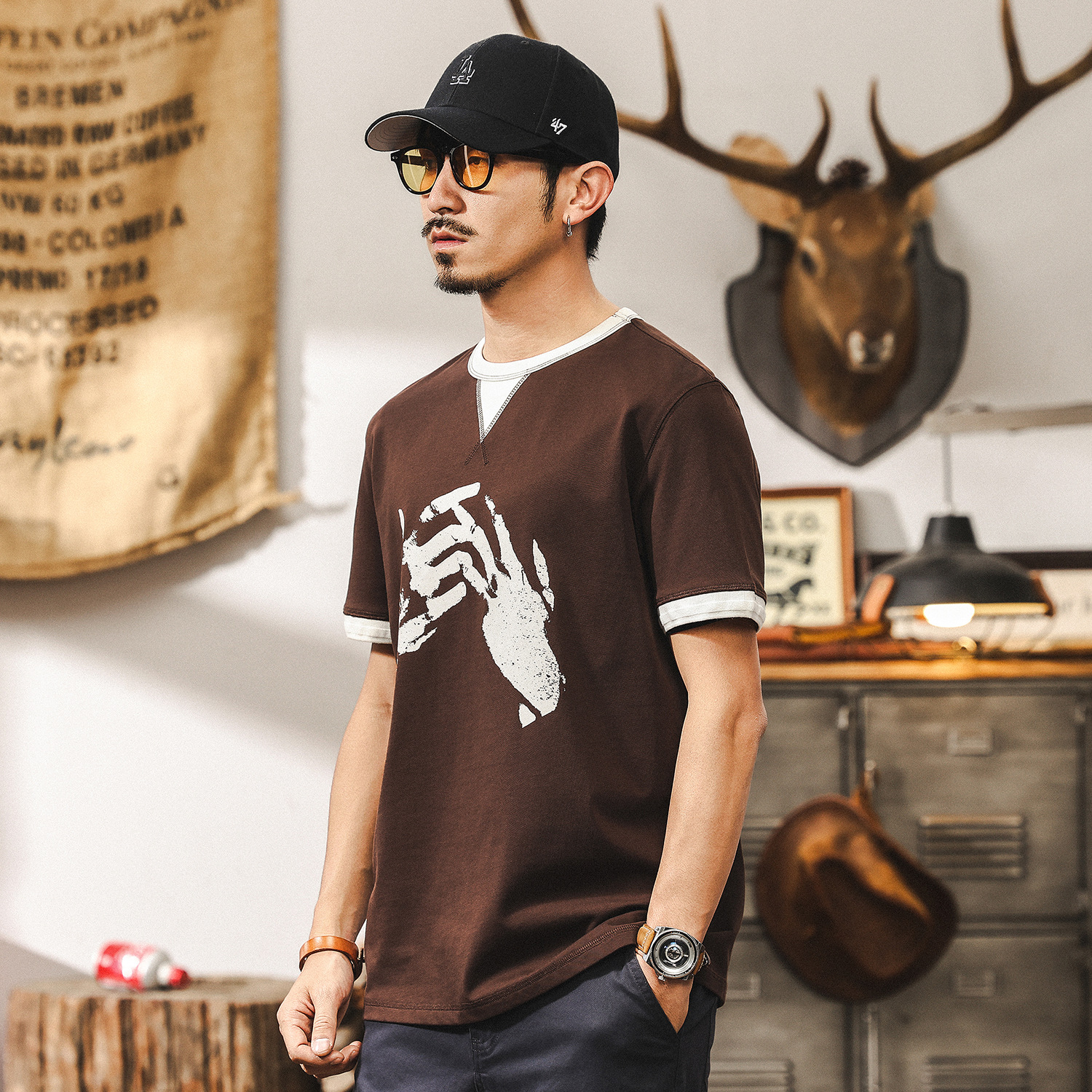 美式復古假兩件重磅T恤男短袖2025新款夏季寬鬆男士上衣衣服