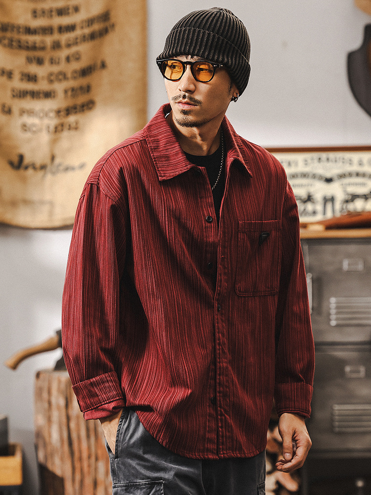 美式復古紅色竹節紋襯衫男長袖春季2025新款寬鬆潮牌休閒襯衣外套