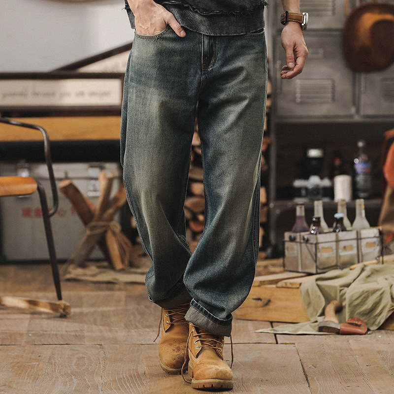 杰雷諾萊賽爾牛仔褲男直筒高端潮牌寬鬆闊腿褲復古水洗男士休閒褲