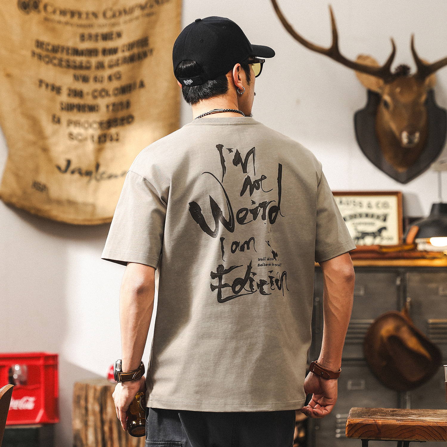 美式復古蠟染300g重磅T恤男短袖夏季2025新款寬鬆雙紗上衣男