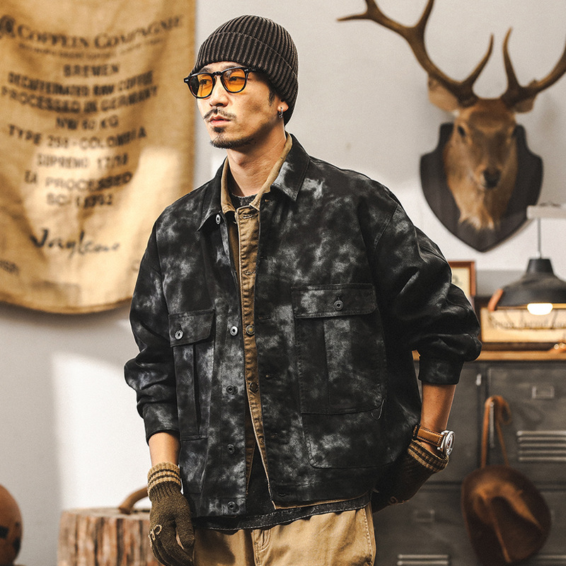 美式復古重磅水洗棉工裝外套男秋季寬鬆潮流扎染高街痞帥休閒夾克