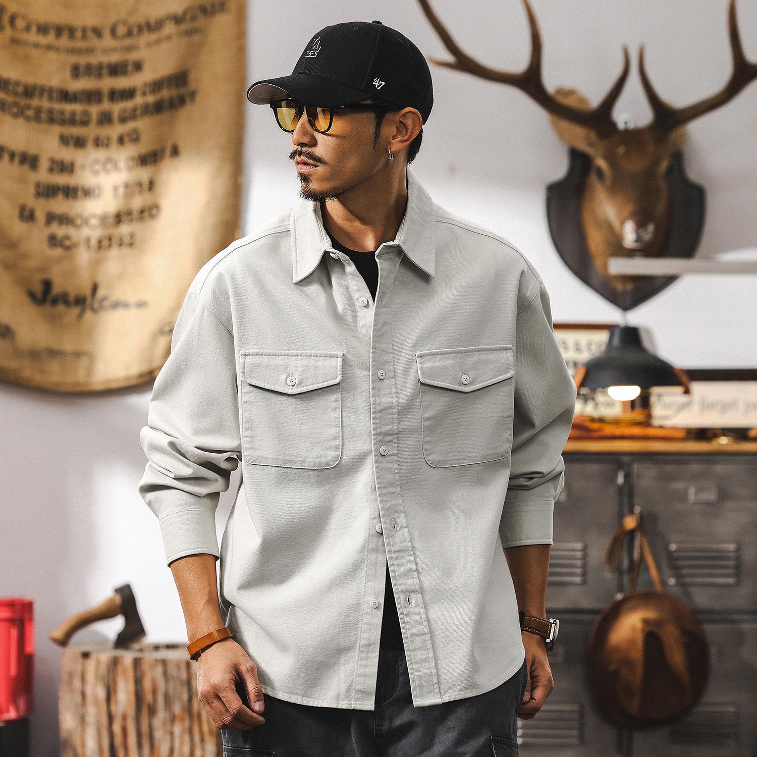 萊賽爾天絲垂感工裝襯衫男長袖2025新款春秋簡約美式復古寬鬆夾克