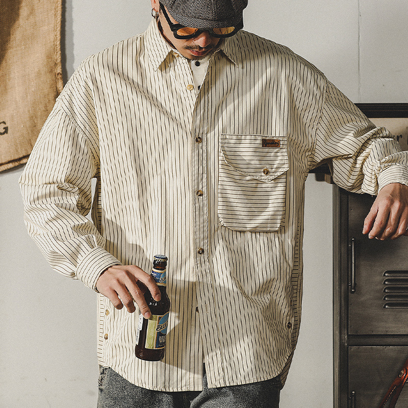 杰雷諾美式工裝復古條紋襯衫男長袖寬鬆廓形阿美咔嘰襯衣外套男款