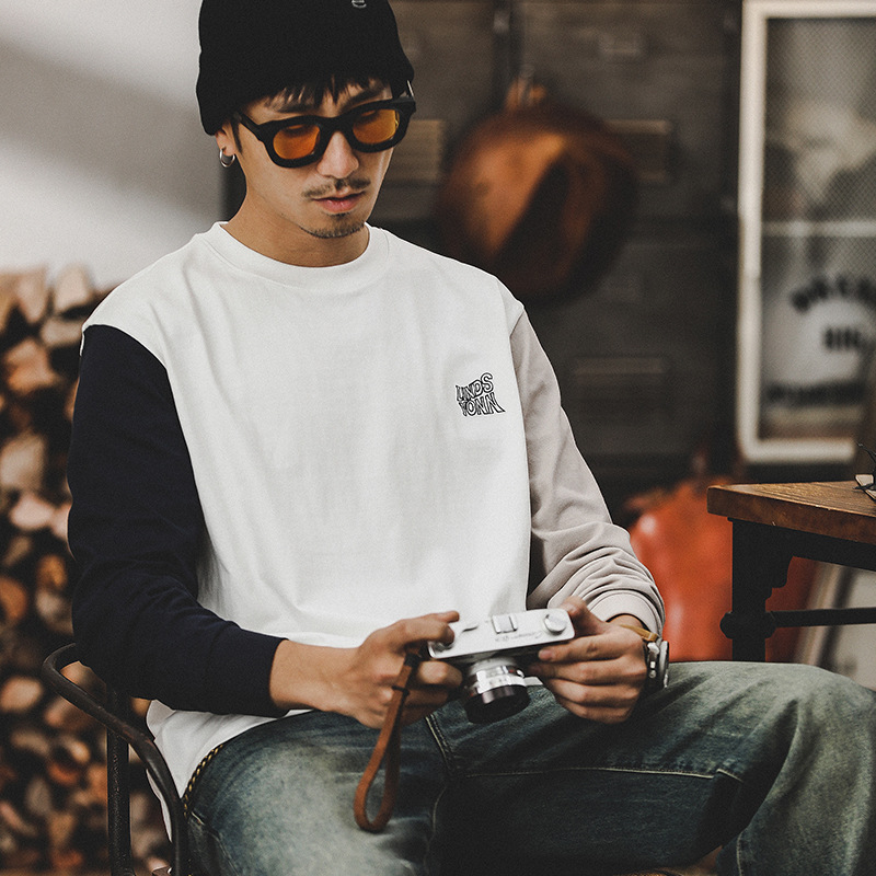 設計款痞帥重磅T恤男長袖撞色2024新款潮牌衣服男士春季上衣