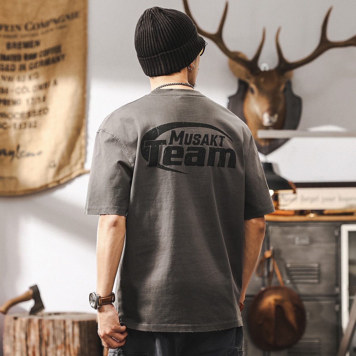 美式髒染水洗T恤男重磅夏季短袖潮牌龜裂印花寬鬆半袖上衣男