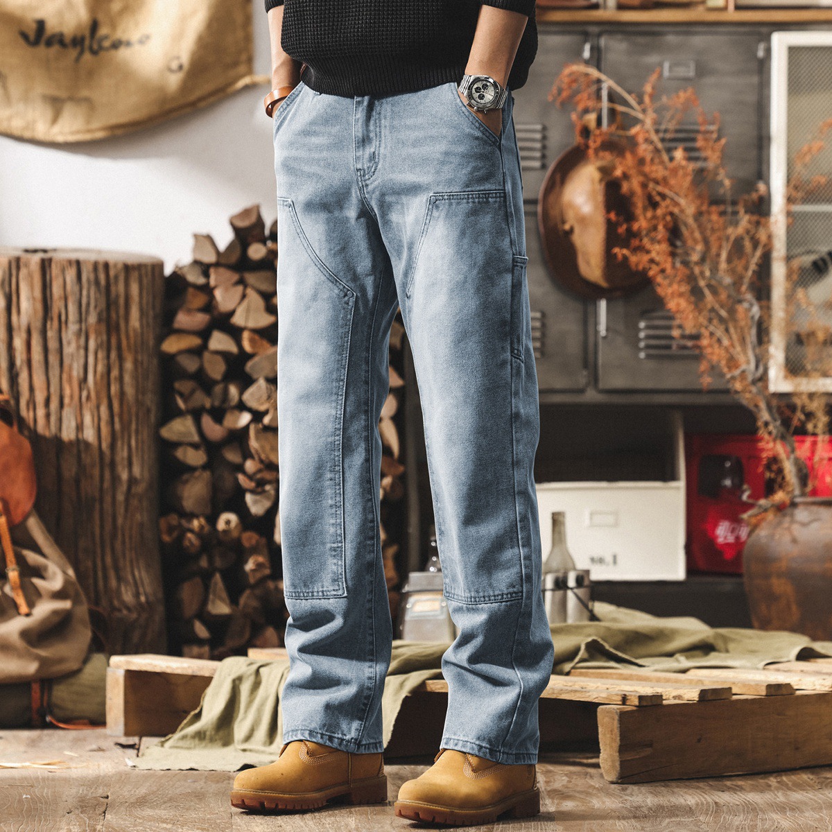 美式復古水洗牛仔褲男直筒春季潮牌工裝褲伐木工褲男士寬鬆休閒褲