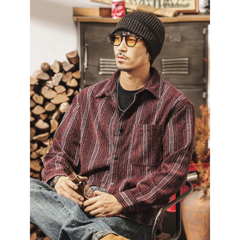 美式復古雪尼爾條紋提花襯衫外套男春秋新款寬鬆古着休閒長袖襯衣