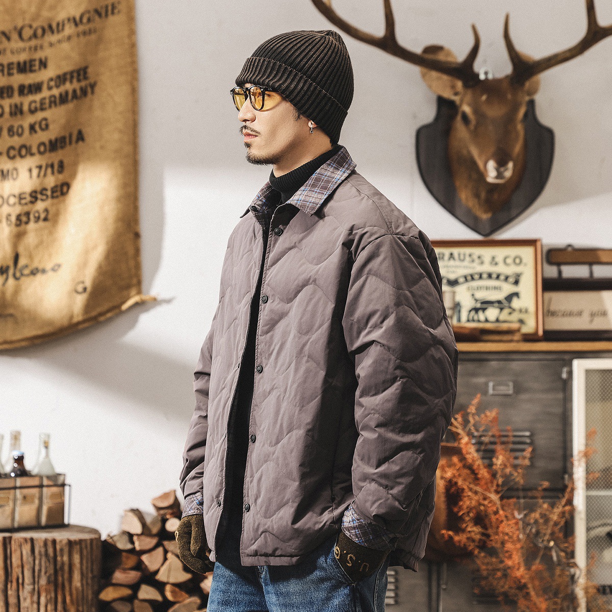 雙面穿美式復古90%純白鴨絨輕薄羽絨服男冬季潮牌襯衫羽絨外套男