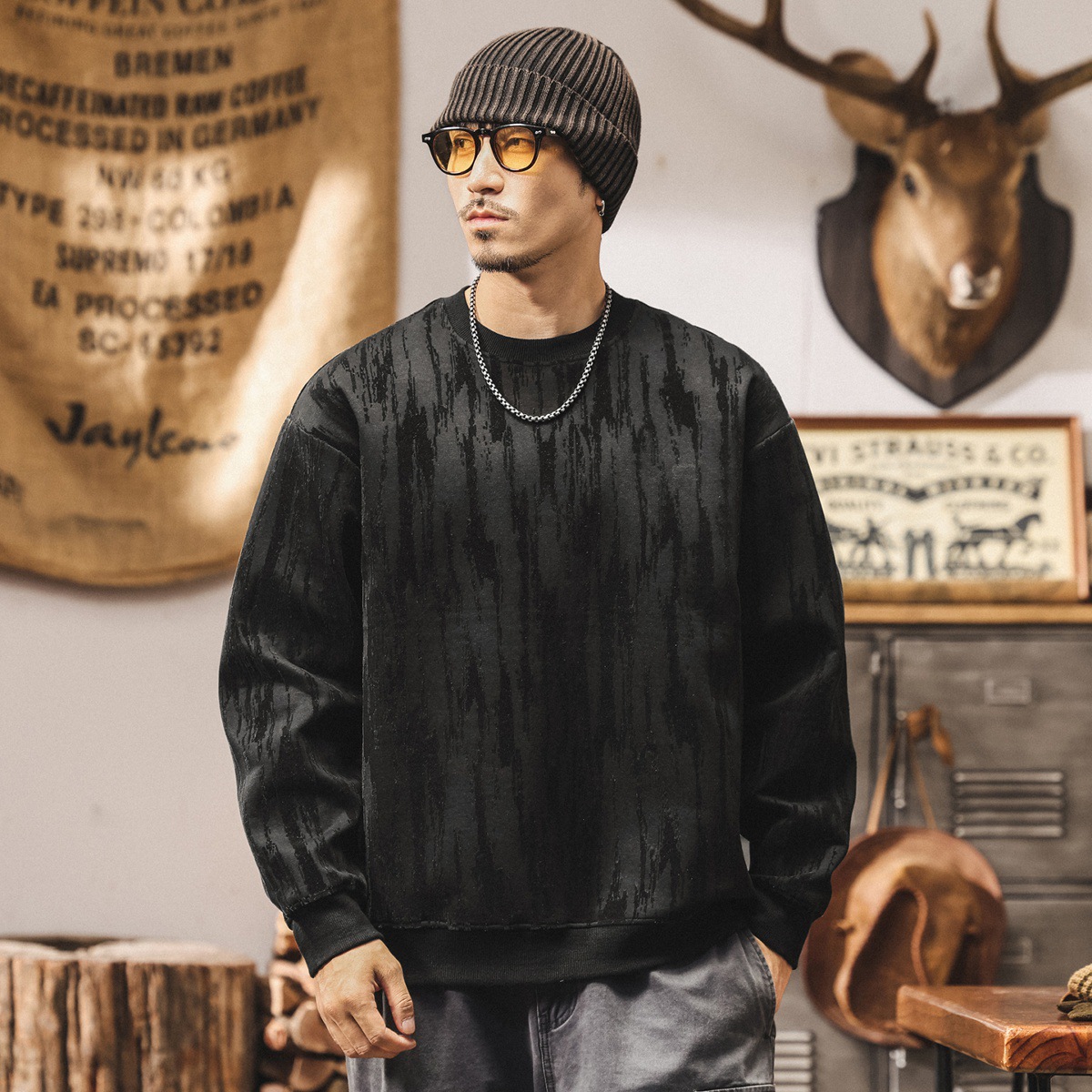 美式復古重磅衛衣男春秋2025新款樹皮皺紋理寬鬆大碼男士秋季上衣