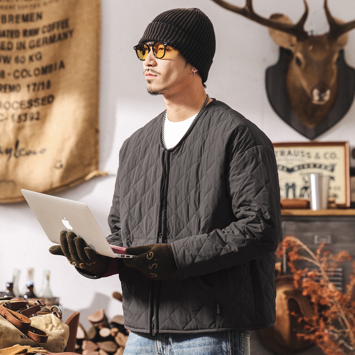 美式復古紅色菱形格內膽夾克棉衣男冬季輕薄款保暖休閒棉服外套男