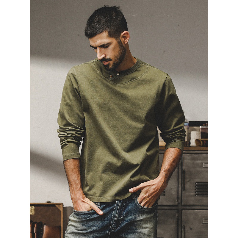 美式重磅精梳棉長袖T恤男秋冬款2023年潮牌簡約百搭亨利領打底衫