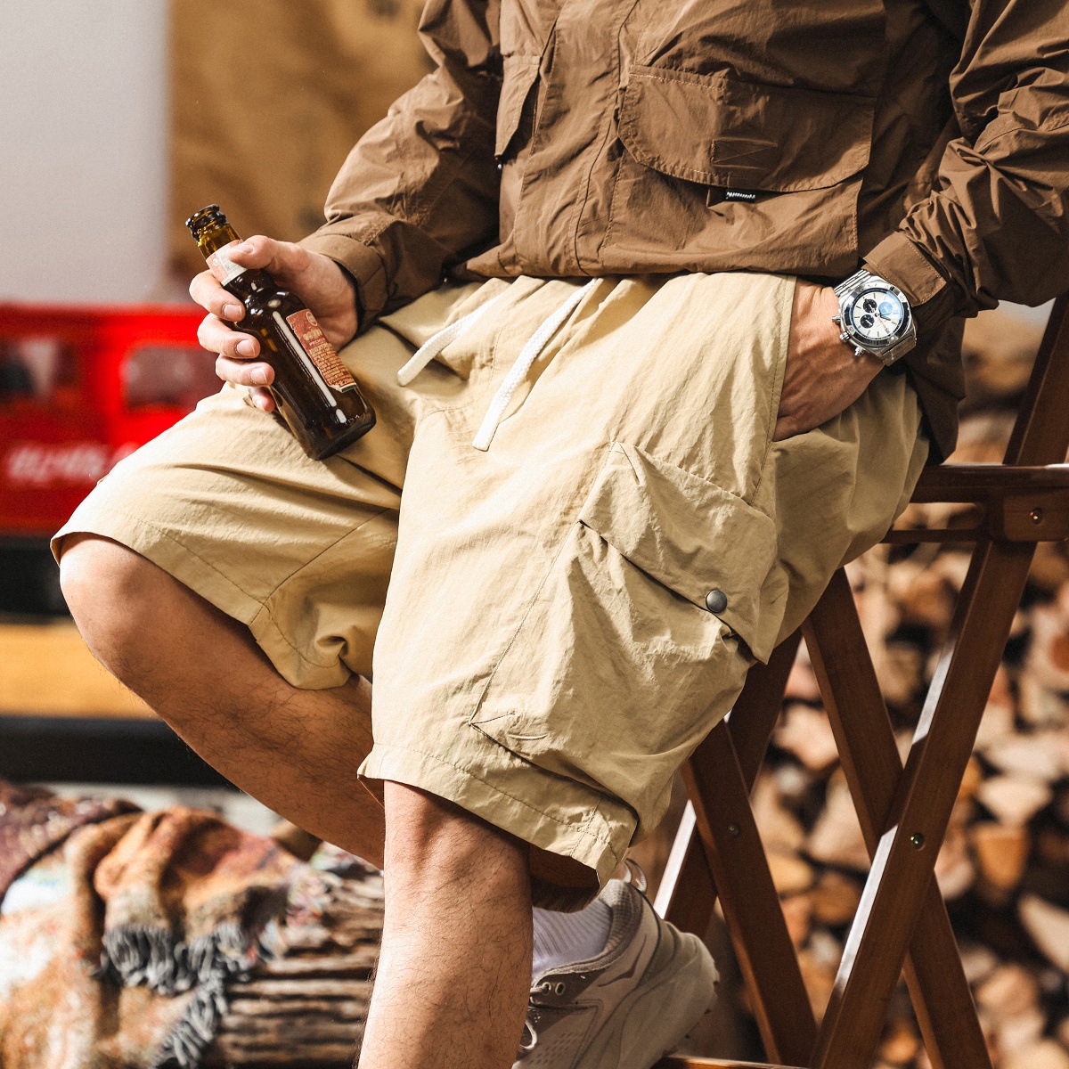 美式復古輕薄涼感速幹工裝短褲男款夏季薄款卡其色休閒寬鬆五分褲