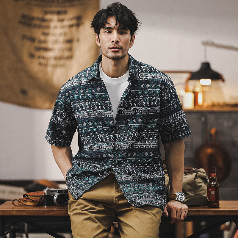 夏威夷短袖花襯衫男2024新款美式戶外休閒寬鬆透氣涼感泡泡紗襯衣