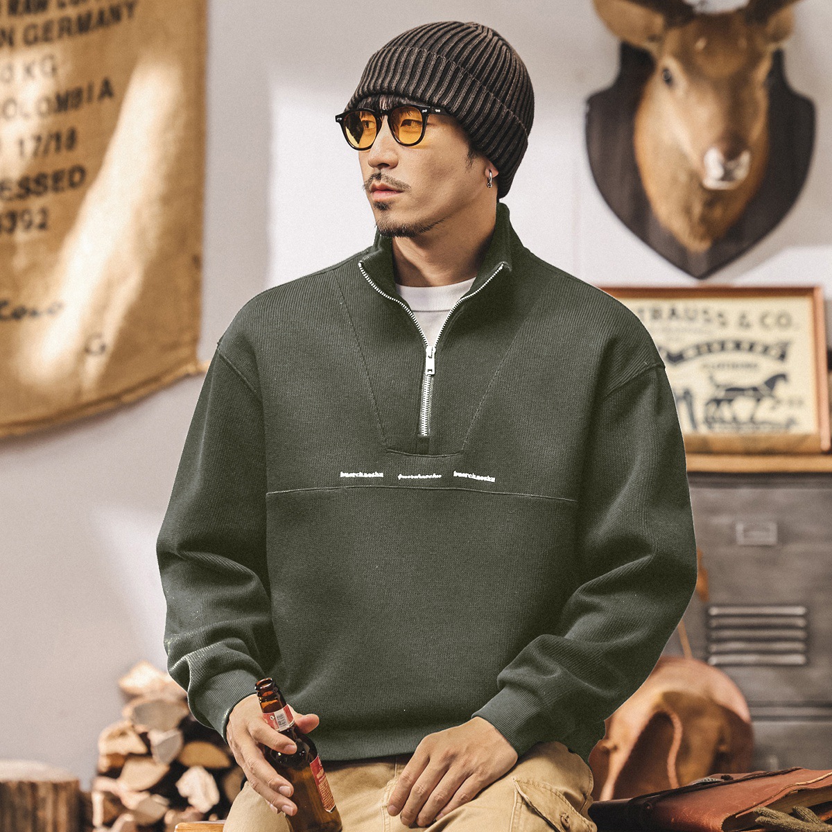 美式復古半拉鍊黑色衛衣男春秋寬鬆新款400g重磅潮牌男士秋季外套