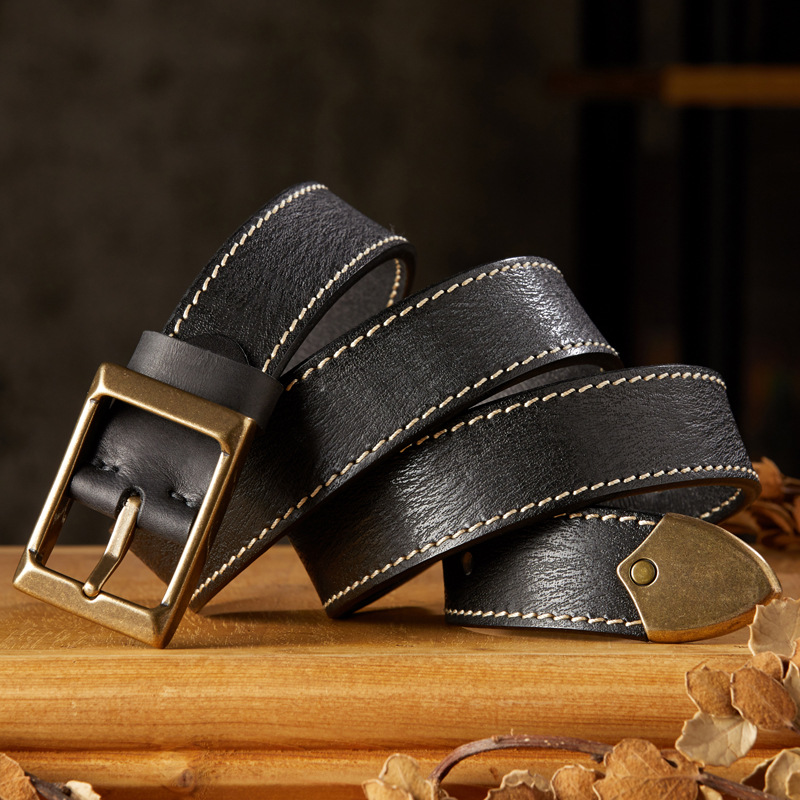 手工復古頭層牛皮針扣皮帶男士真皮個性百搭純銅扣頭牛仔褲腰帶潮